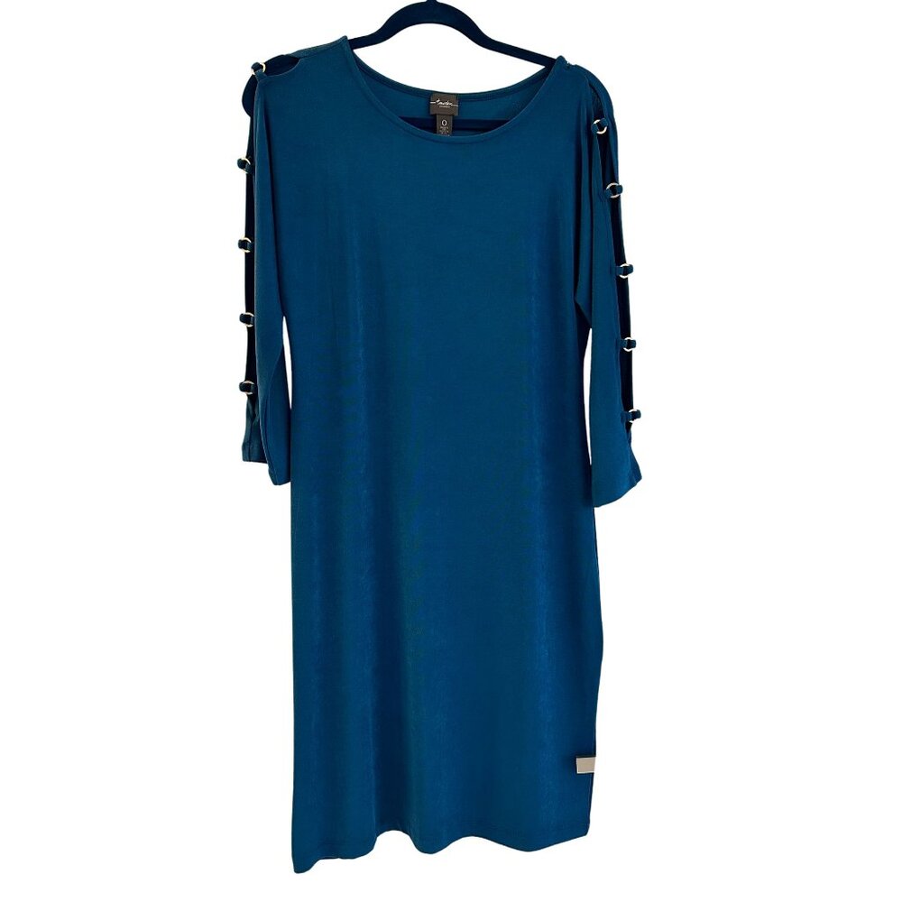 Travelers by Chico's Ring Sleeve Teal Dress Size 0 (Small) Wrinkle Resistant 95%